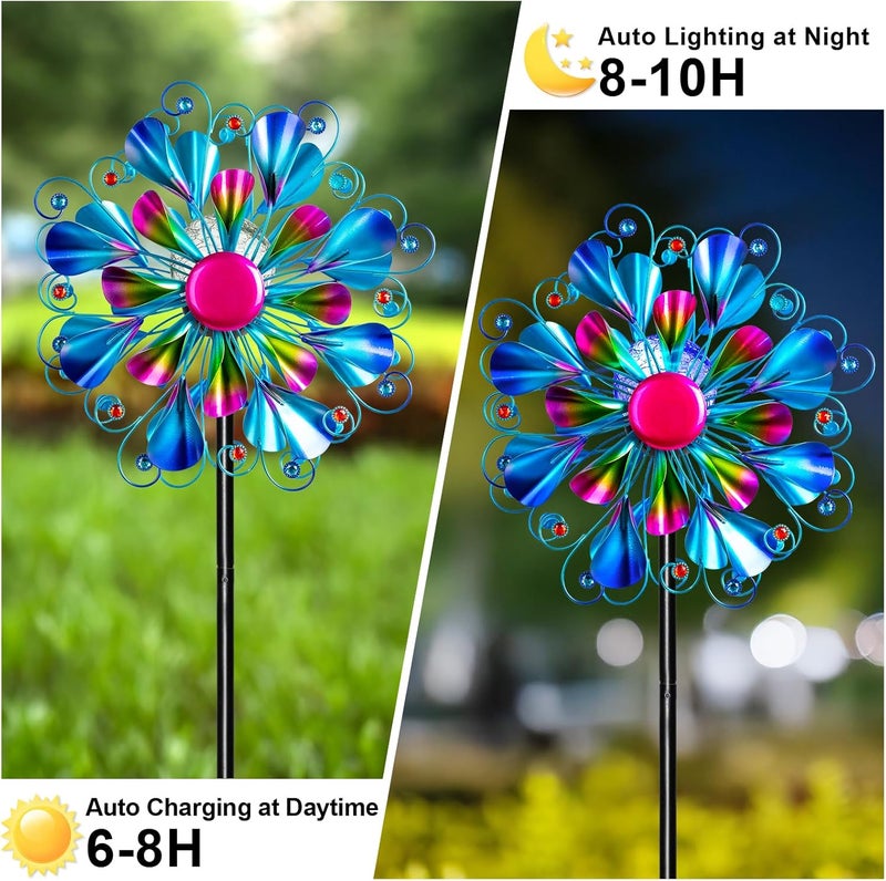MXwcy 60'' Wind Spinner with Color Glass Ball Solar Lights, Blue Peacock Feathers Metal Garden Outdoor Decor Yard Lawn Art Decor for Patio Kinetic Windmills Unique Gifts for Friends and Family - Image 4